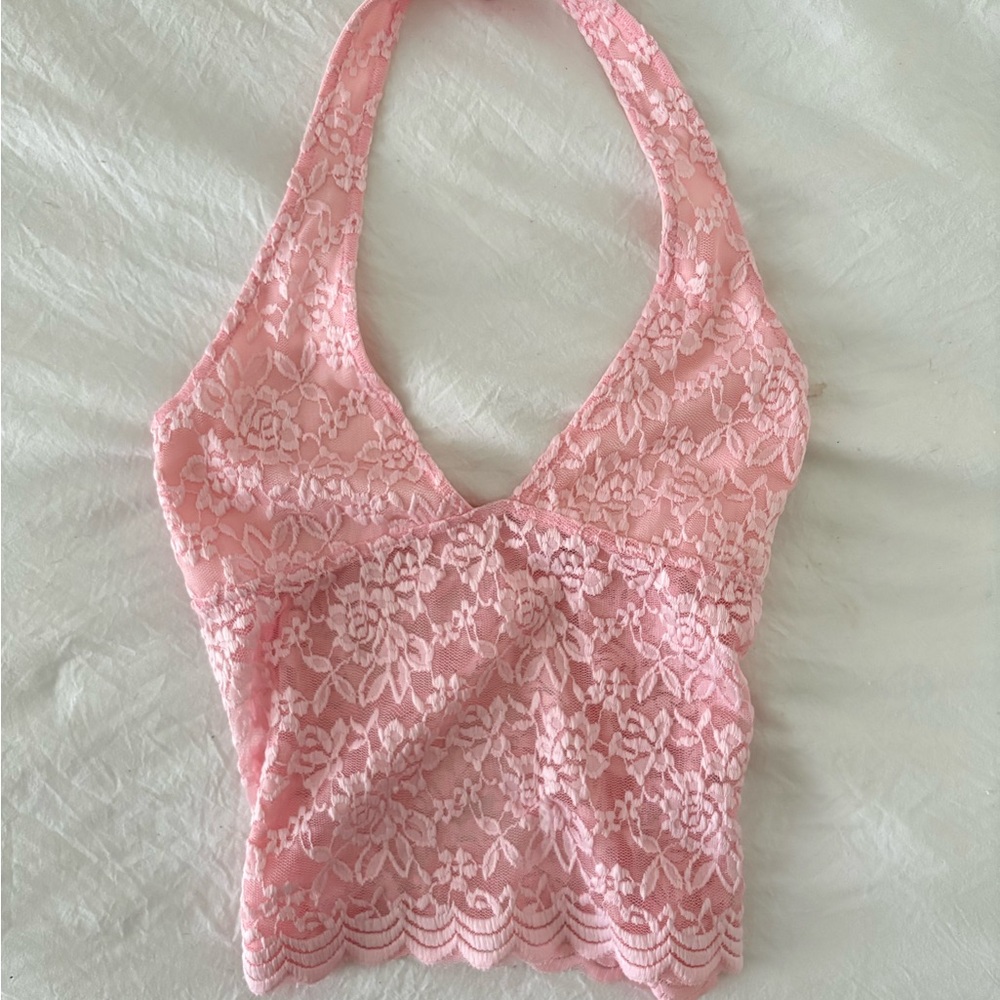 Pink Lace Halter Crop Top